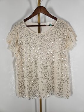 by Anthropologie Cream Sequin Flutter-Sleeve Blouse
